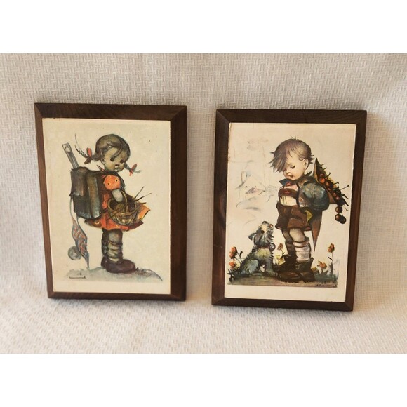 Hummel Wooden Plaques Boy and Girl Set of 2 Vintage Hummel Art 5" x 7" - Picture 1 of 8